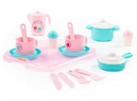 Набор детской посуды Хозяюшка с подносом на 2 персоны, 19 элементов от интернет-магазина Континент игрушек