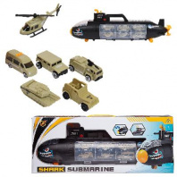 Подводная лодка в наборе с 5 военными машинками и вертолетом, в коробке от интернет-магазина Континент игрушек